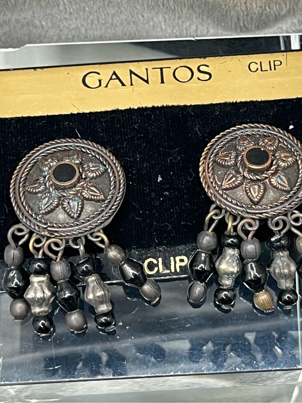 Gantos NOS Black and Antiqued Silver brass Floral Clip-On Dangle Earrings 1 5/8”